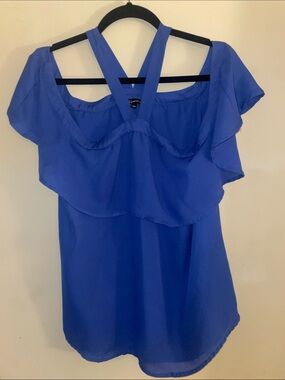 Shinestar Royal Blue Off-Shoulder Ruffle Strap Top